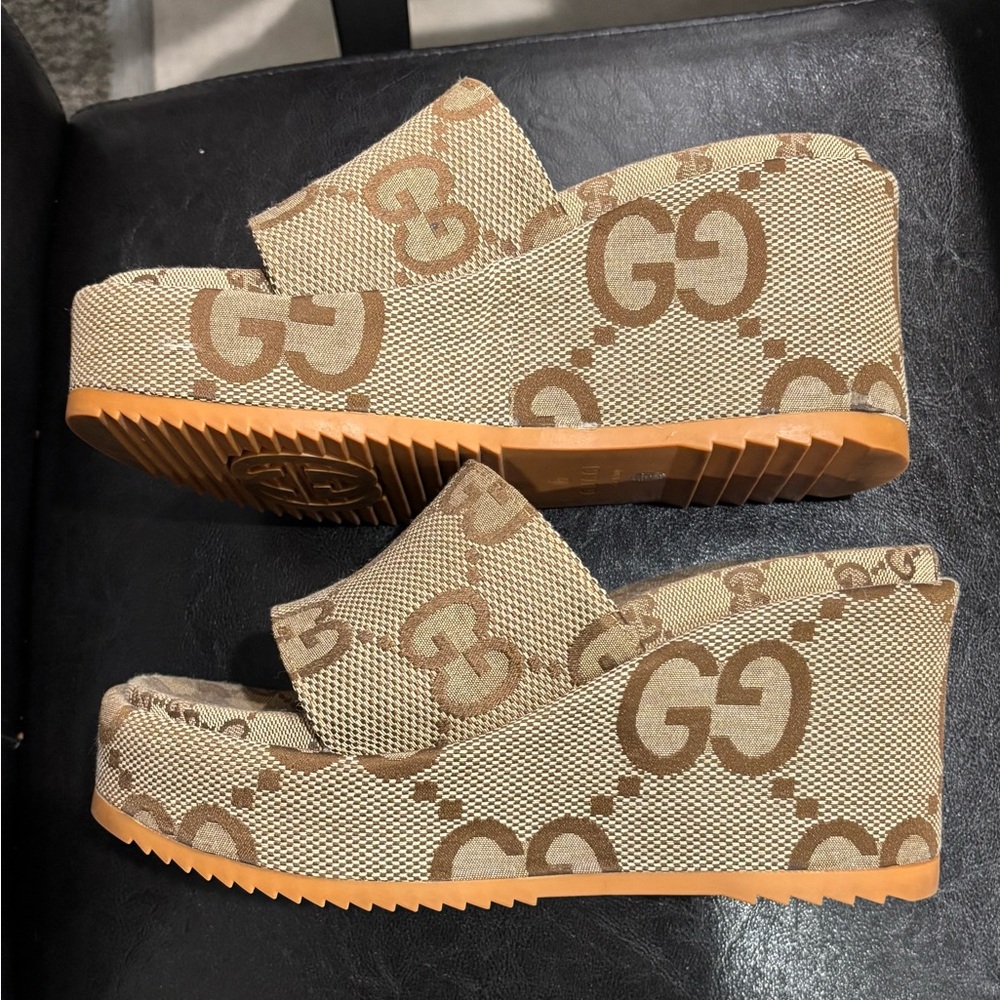 Gucci Tan and Brown Logo Wedge Sandals